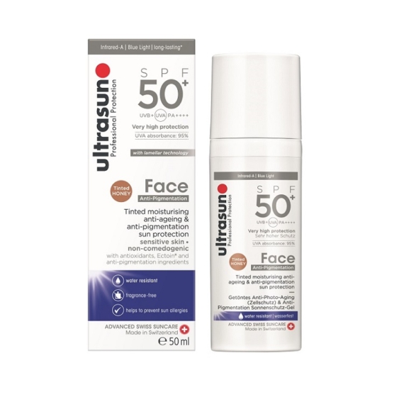 Ultrasun Face Tinted Honey Anti-Pigmentation hidratáló színezett fényvédő arcra pigmentfoltok ellen SPF50